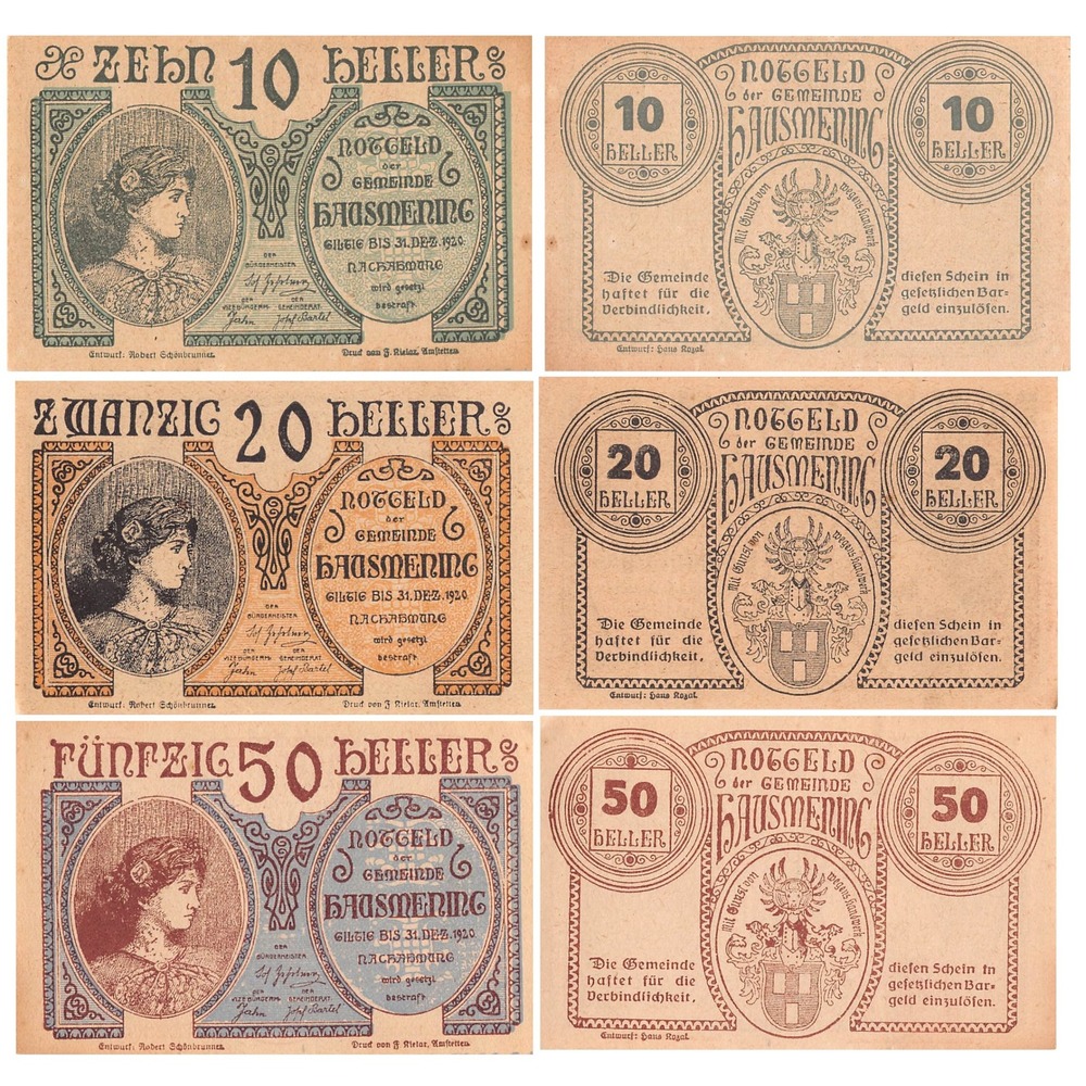 1920 Hausmening Austria Notgeld Set 10 20 50 Heller Emergency Money Banknotes